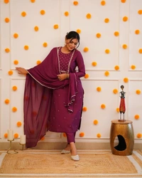 99 Fashion Bazaar Straight Kurti Set in Rayon Slub with Embroidery Neck Yoke and Dupatta.  - Falu Red, XL