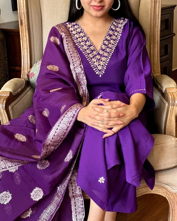 99 Fashion Bazaar Wedding Straight Kurti Set in Silk Chanderi Fabric with Jacquard Dupatta.  - Cherry Pie, M