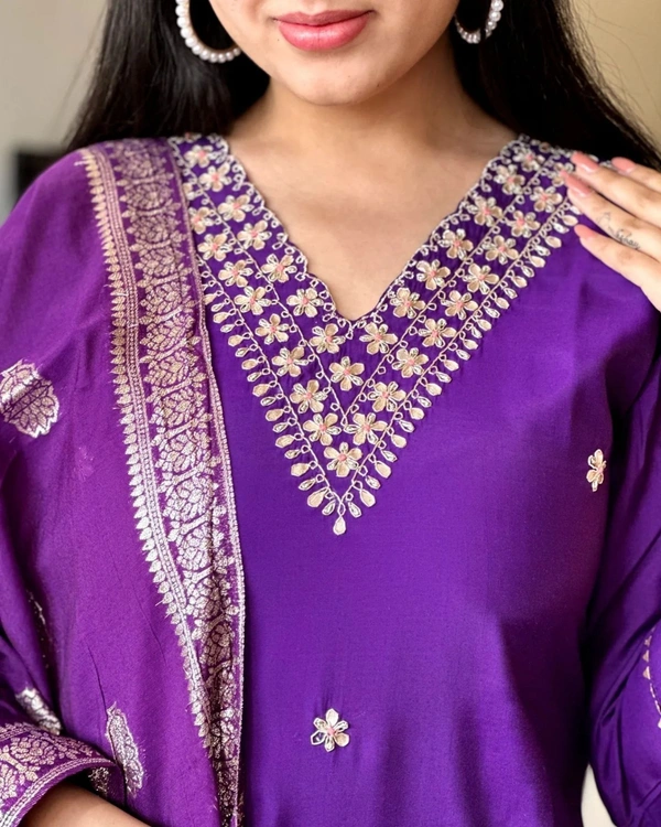 99 Fashion Bazaar Wedding Straight Kurti Set in Silk Chanderi Fabric with Jacquard Dupatta.  - Cherry Pie, XXL
