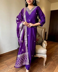 99 Fashion Bazaar Wedding Straight Kurti Set in Silk Chanderi Fabric with Jacquard Dupatta.  - Cherry Pie, XL