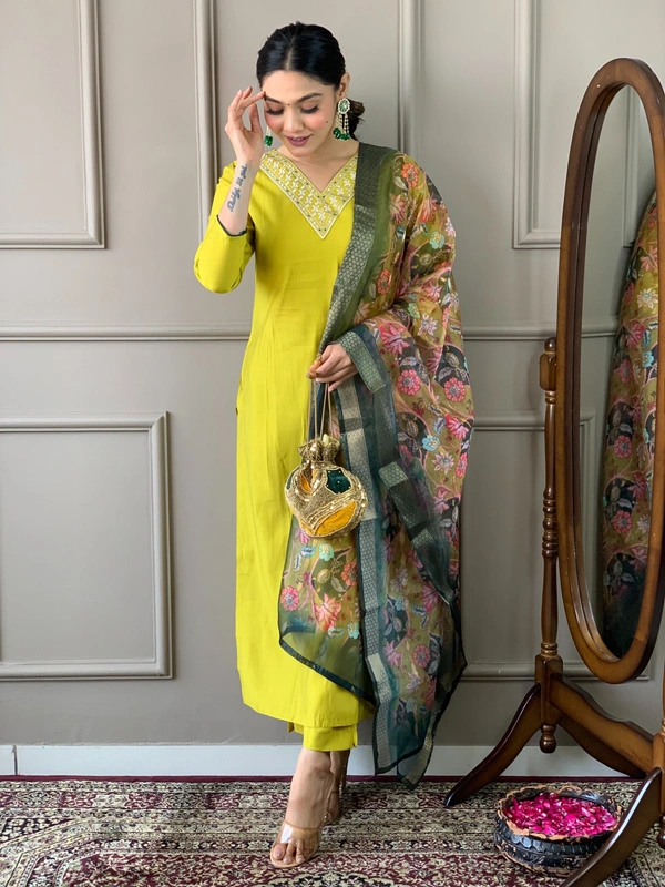 99 Fashion Bazaar Straight Kurti Set in Chanderi with Embroidery Neck Yoke and Printed Dupatta.  - Corn, XXL