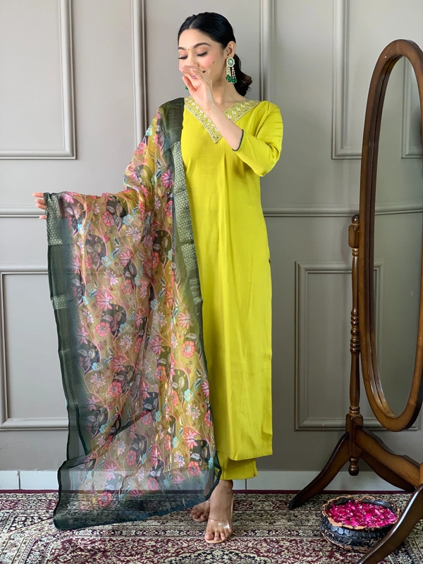 99 Fashion Bazaar Straight Kurti Set in Chanderi with Embroidery Neck Yoke and Printed Dupatta.  - Corn, XXL