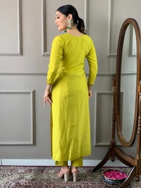99 Fashion Bazaar Straight Kurti Set in Chanderi with Embroidery Neck Yoke and Printed Dupatta.  - Corn, XXL
