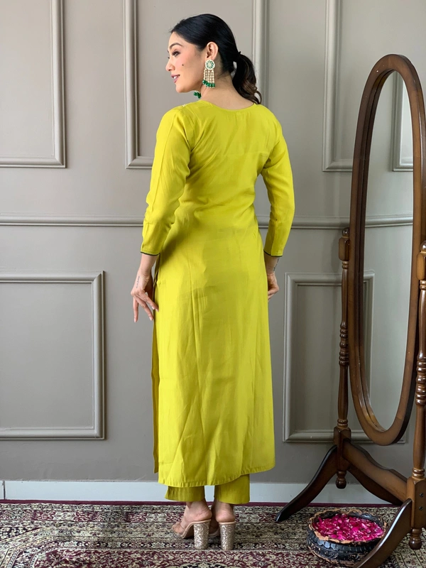 99 Fashion Bazaar Straight Kurti Set in Chanderi with Embroidery Neck Yoke and Printed Dupatta.  - Corn, XXL