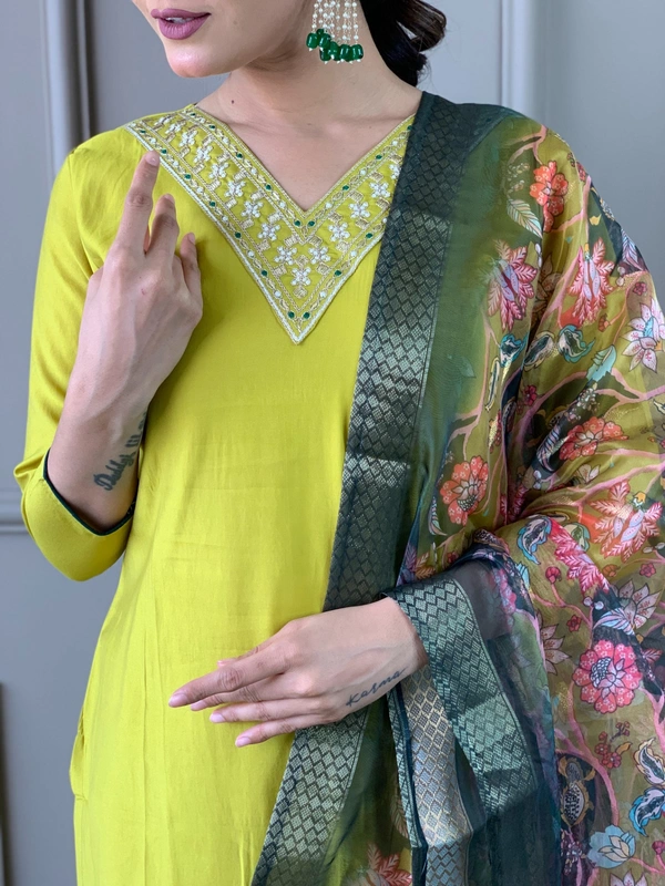 99 Fashion Bazaar Straight Kurti Set in Chanderi with Embroidery Neck Yoke and Printed Dupatta.  - Corn, XXL
