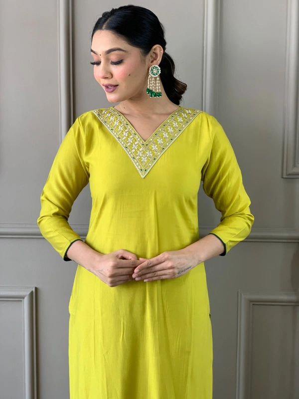 99 Fashion Bazaar Straight Kurti Set in Chanderi with Embroidery Neck Yoke and Printed Dupatta.  - Corn, XL