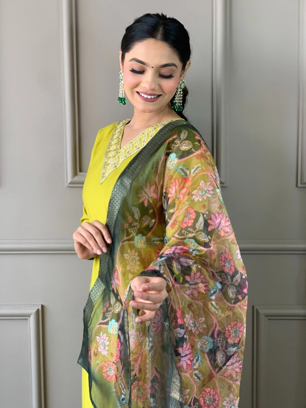 99 Fashion Bazaar Straight Kurti Set in Chanderi with Embroidery Neck Yoke and Printed Dupatta.  - Corn, XXL