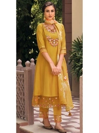 99 Fashion Bazaar Straight Kurti Set in Maslin with Embroidery Neck Yoke and Printed Dupatta.  - Earls Green, XXL