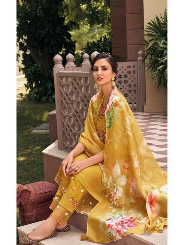 99 Fashion Bazaar Straight Kurti Set in Maslin with Embroidery Neck Yoke and Printed Dupatta.  - Earls Green, XXL