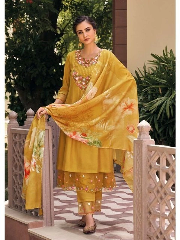 99 Fashion Bazaar Straight Kurti Set in Maslin with Embroidery Neck Yoke and Printed Dupatta.  - Earls Green, XXL