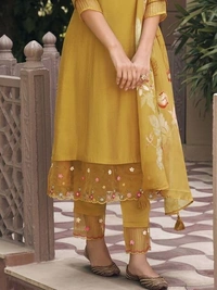 99 Fashion Bazaar Straight Kurti Set in Maslin with Embroidery Neck Yoke and Printed Dupatta.  - Earls Green, XXL