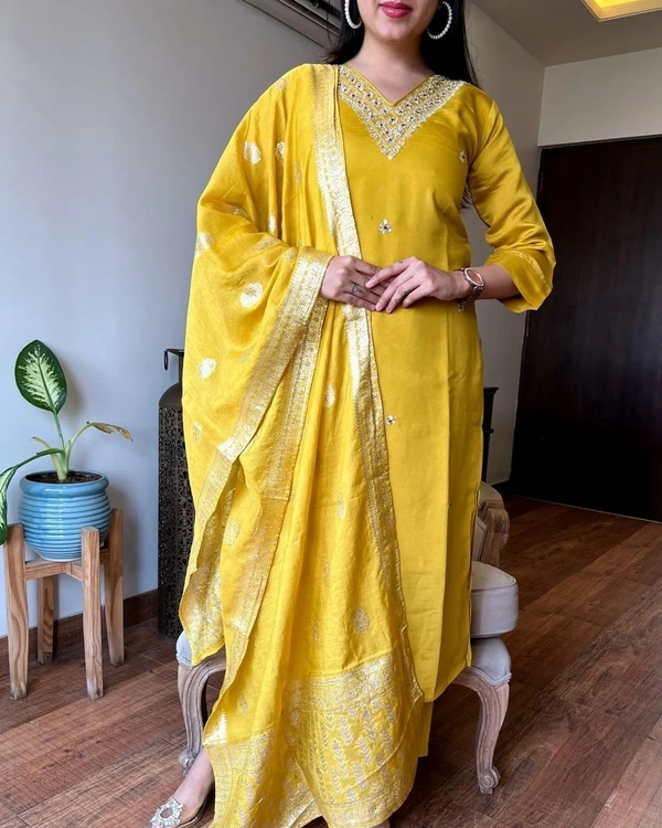 99 Fashion Bazaar Wedding Straight Kurti Set in Silk Chanderi Fabric with Jacquard Dupatta.  - Corn, S