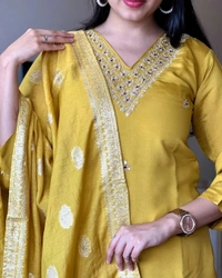 99 Fashion Bazaar Wedding Straight Kurti Set in Silk Chanderi Fabric with Jacquard Dupatta.  - Corn, XL