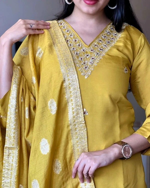 99 Fashion Bazaar Wedding Straight Kurti Set in Silk Chanderi Fabric with Jacquard Dupatta.  - Corn, L