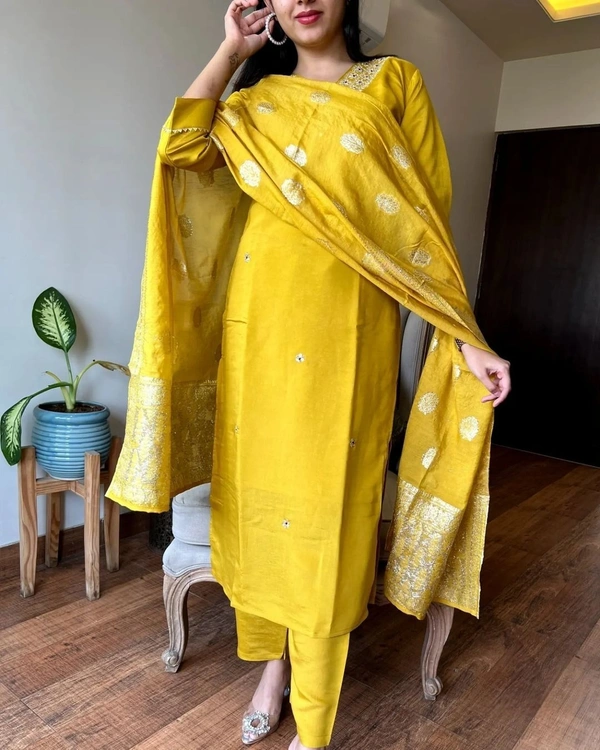 99 Fashion Bazaar Wedding Straight Kurti Set in Silk Chanderi Fabric with Jacquard Dupatta.  - Corn, XL
