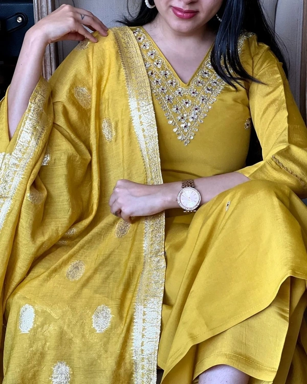 99 Fashion Bazaar Wedding Straight Kurti Set in Silk Chanderi Fabric with Jacquard Dupatta.  - Corn, XXL