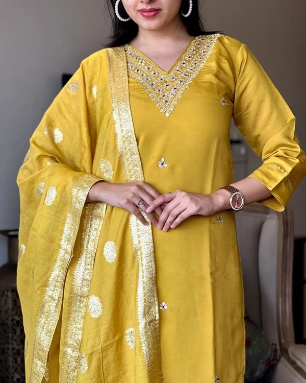 99 Fashion Bazaar Wedding Straight Kurti Set in Silk Chanderi Fabric with Jacquard Dupatta.  - Corn, XL