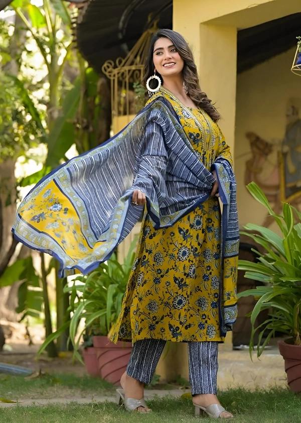99 Fashion Bazaar Mustard Chanderi Suite Set In Printed With Dupatta - Pear, S