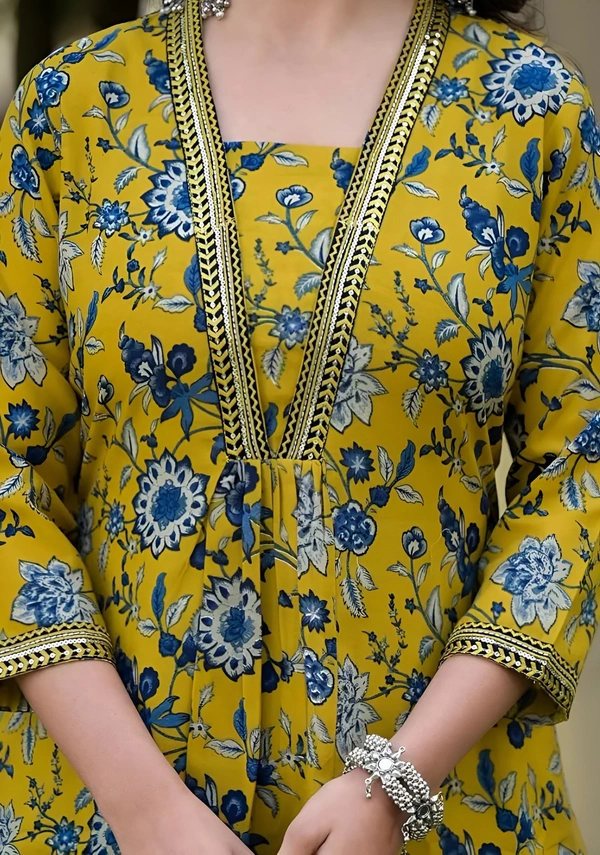 99 Fashion Bazaar Mustard Chanderi Suite Set In Printed With Dupatta - Pear, L