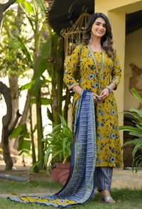99 Fashion Bazaar Mustard Chanderi Suite Set In Printed With Dupatta - Pear, S
