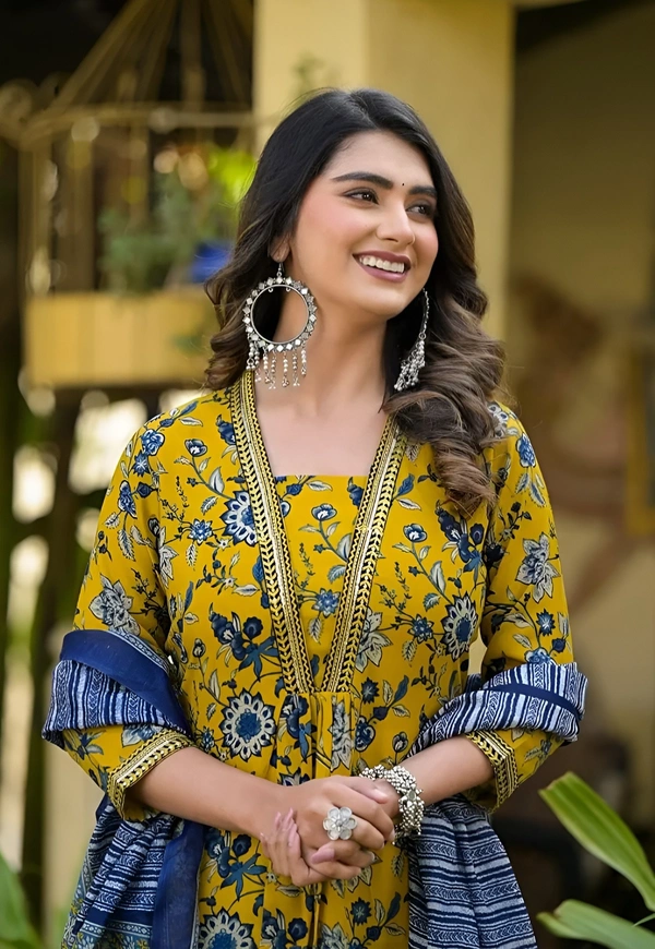 99 Fashion Bazaar Mustard Chanderi Suite Set In Printed With Dupatta - Pear, S