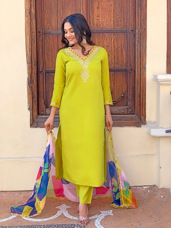 99 Fashion Bazaar Yellow Embroidered Rayon Kurti Set with Printed Dupatta  - Canary, M