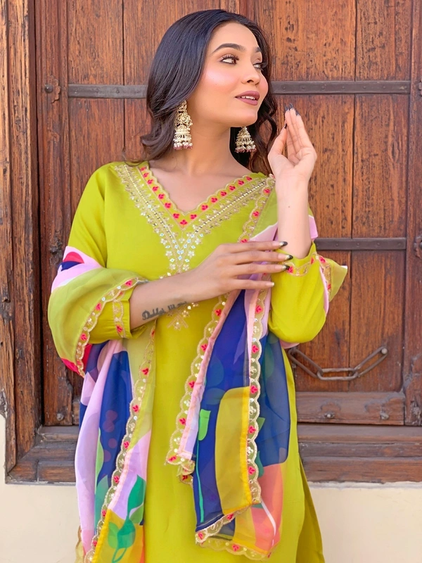 99 Fashion Bazaar Yellow Embroidered Rayon Kurti Set with Printed Dupatta  - Canary, M