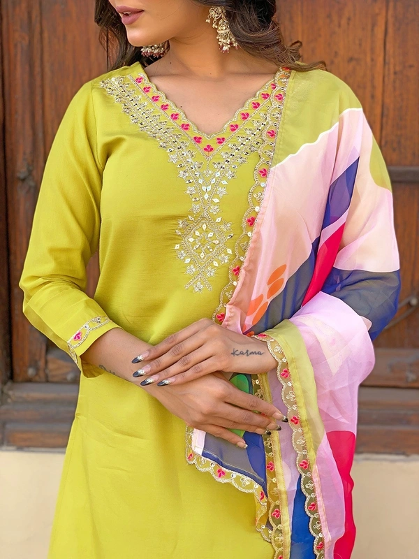 99 Fashion Bazaar Yellow Embroidered Rayon Kurti Set with Printed Dupatta  - Canary, M