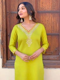 99 Fashion Bazaar Yellow Embroidered Rayon Kurti Set with Printed Dupatta  - Canary, M