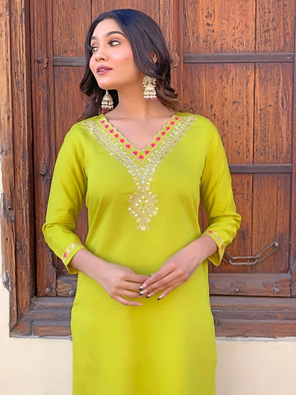 99 Fashion Bazaar Yellow Embroidered Rayon Kurti Set with Printed Dupatta  - Canary, M