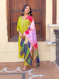 99 Fashion Bazaar Yellow Embroidered Rayon Kurti Set with Printed Dupatta  - Canary, M