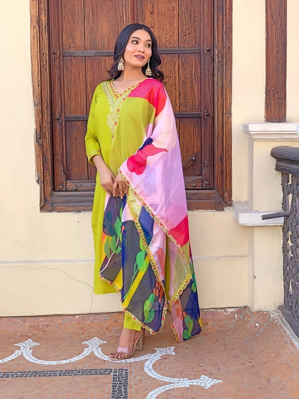 99 Fashion Bazaar Yellow Embroidered Rayon Kurti Set with Printed Dupatta  - Canary, M