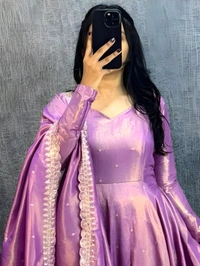 99 Fashion Bazaar Banarasi Tissu Fabric Gown with Embroidery Dupatta - Violet Eggplant, M