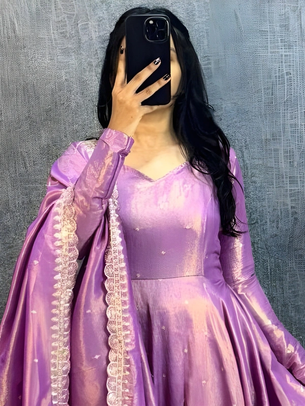 99 Fashion Bazaar Banarasi Tissu Fabric Gown with Embroidery Dupatta - Violet Eggplant, XL