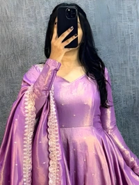 99 Fashion Bazaar Banarasi Tissu Fabric Gown with Embroidery Dupatta - Violet Eggplant, XXL
