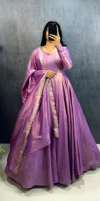 99 Fashion Bazaar Banarasi Tissu Fabric Gown with Embroidery Dupatta - Violet Eggplant, L