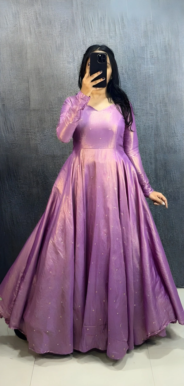 99 Fashion Bazaar Banarasi Tissu Fabric Gown with Embroidery Dupatta - Violet Eggplant, S