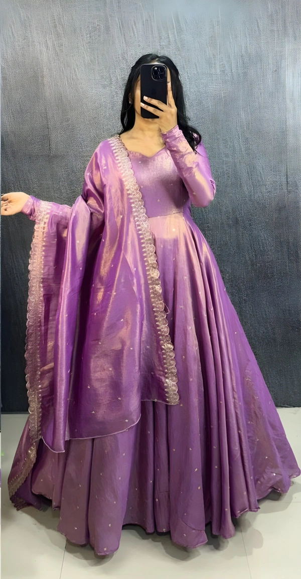 99 Fashion Bazaar Banarasi Tissu Fabric Gown with Embroidery Dupatta - Violet Eggplant, S