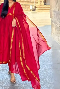 99 Fashion Bazaar Aliya Cut Anarkali Gown With Dupatta in Zari Border - Red, L