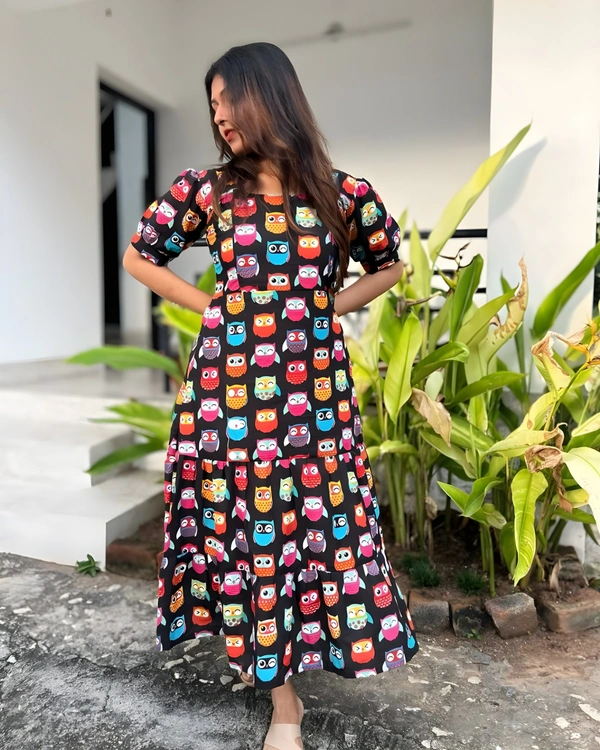 99 Fashion Bazaar A-Line Cotton Printed Dress - Black, L