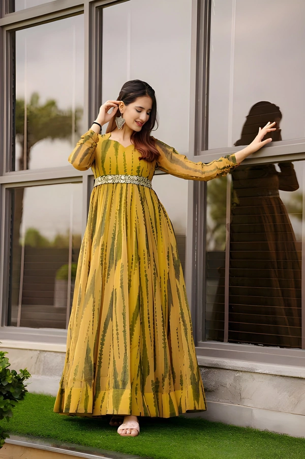 99 Fashion Bazaar Women's Gown in Very Elegant Prints with Waist Embroidered Belt - Reef Gold, XXL