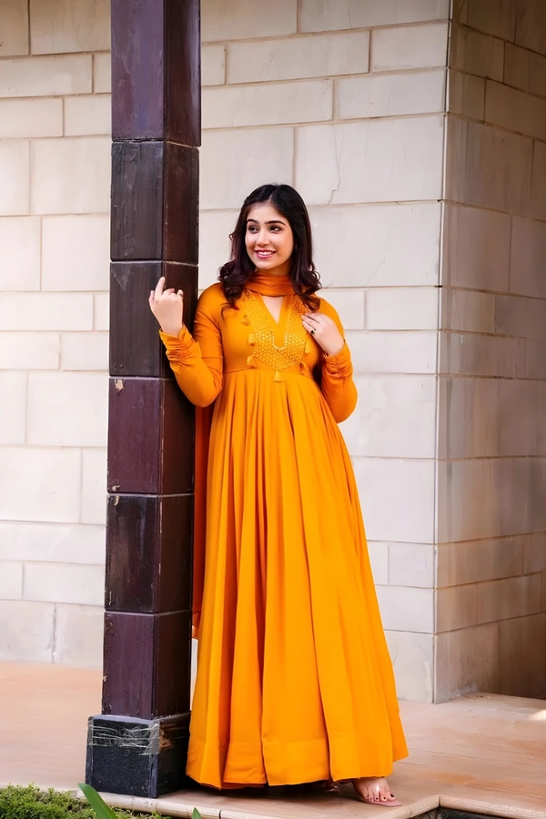 99 Fashion Bazaar Embroidered Gown with Dupatta in Solid Colors - Web Orange, XXL