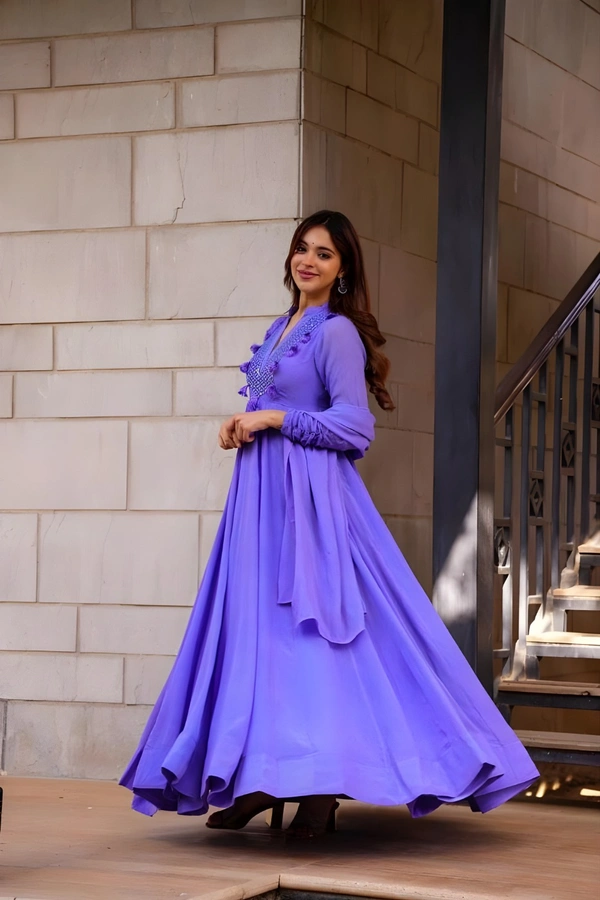 99 Fashion Bazaar Embroidered Gown with Dupatta in Solid Colors - Purple, XL