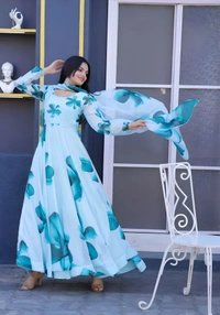 99 Fashion Bazaar Flaired Gown Set with Dupatta in Georgette Fabric - Curious Blue, M