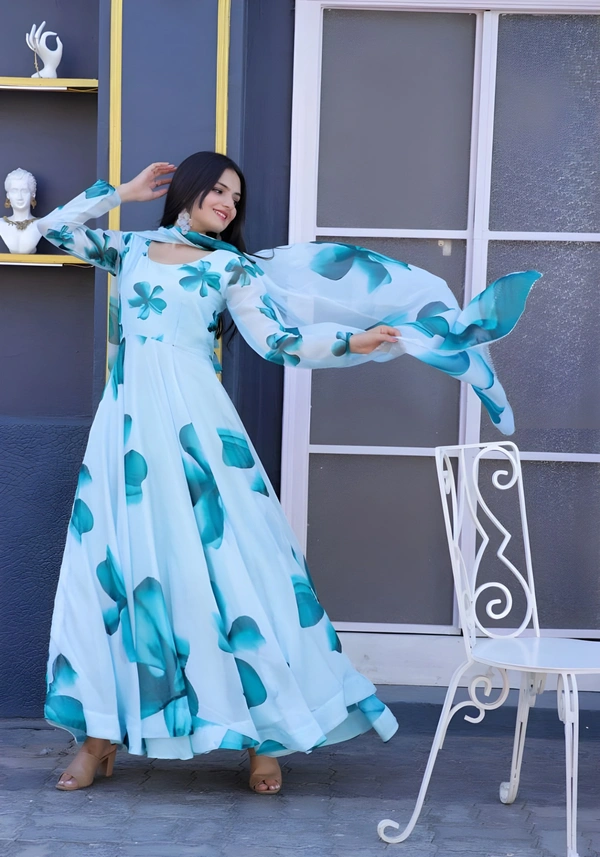 99 Fashion Bazaar Flaired Gown Set with Dupatta in Georgette Fabric - Curious Blue, M