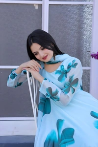 99 Fashion Bazaar Flaired Gown Set with Dupatta in Georgette Fabric - Curious Blue, M