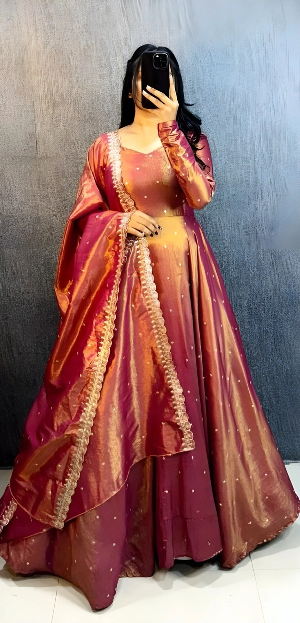 99 Fashion Bazaar Banarasi Tissu Fabric Gown with Embroidery Dupatta - Tussock, XL