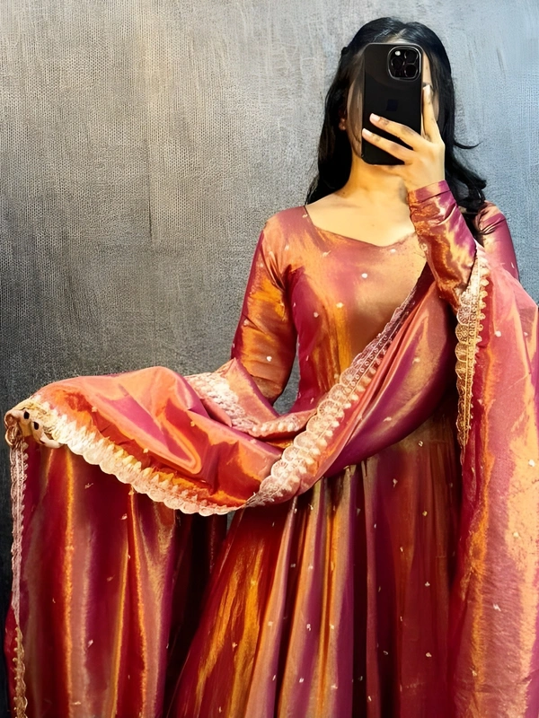 99 Fashion Bazaar Banarasi Tissu Fabric Gown with Embroidery Dupatta - Tussock, S