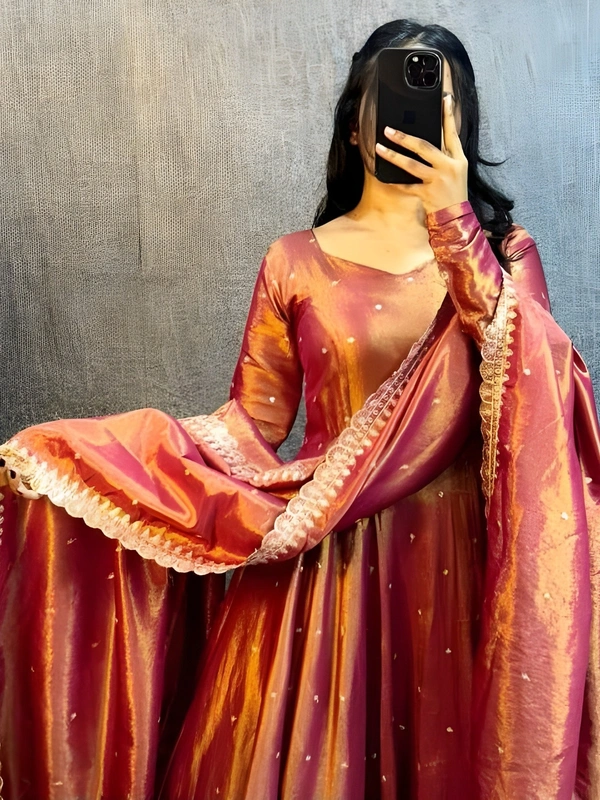 99 Fashion Bazaar Banarasi Tissu Fabric Gown with Embroidery Dupatta - Tussock, M