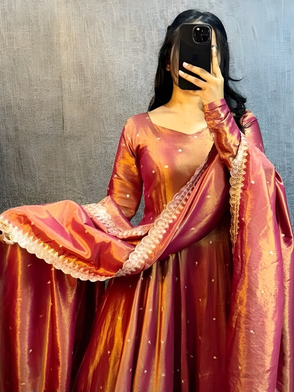 99 Fashion Bazaar Banarasi Tissu Fabric Gown with Embroidery Dupatta - Tussock, L